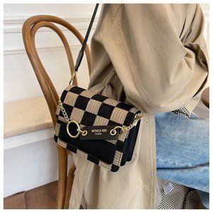 Small Checkerboard Handbag with Shoulder Strap Colors Black Coffee & Brown